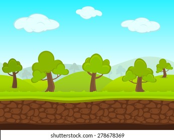 Sinopsis concepto creativo vectorial de verano sin fisuras paisaje. Caricatura de arte fondo interminable con hierba, árboles, bosque, capas de cielo azul, terrenos, nube, montañas para tu juego, escena de cine animado.