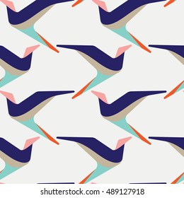 Abstract creative and contemporary seamless pattern design with colorful geometric and stylized birds. Clean, strong and trendy repeat background for modern surfaces