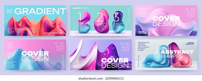 Abstract creative covers or horizontal posters in modern minimal style for corporate identity, branding, social media ads, promo. Modern layout design template with 3d dynamic liquid gradient shapes