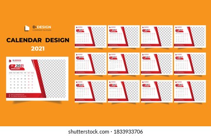 Abstract Creative Desk calendar design for 2021, weeks starts on monday, Set of 12 calendar pages vector Design.