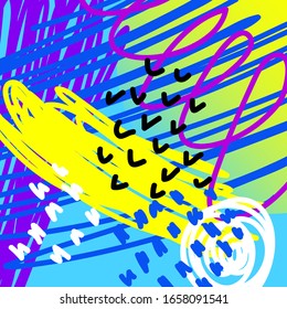 Abstract creative doodle background. Hand drawn cover template for design birthday card, summer party invitation, seasonal sale, childish t shirt picture or bag print etc. 