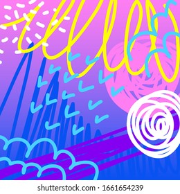 Abstract creative doodle background. Hand drawn cover template for design birthday card, summer party invitation, seasonal sale, childish t shirt picture or bag print etc. 