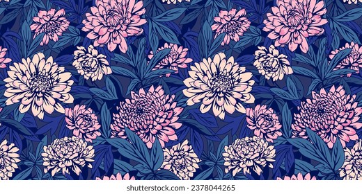 Abstract creative flowers and leaves intertwined in seamless pattern. Vector hand drawn. White, pink  dahlias, peonies and blue leaves stem print. Template for design, fabric, fashion, surface design