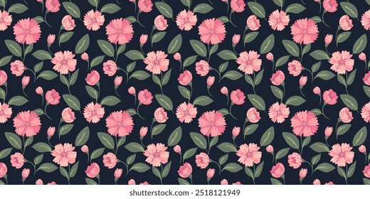 Abstrakte kreative Blumen und Blätter nahtlose Muster auf dunklem Hintergrund. Vektorhandgezeichneter blühender Blumendruck. Ornament für Designs, Kindertextilien, Notebookabdeckung