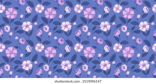 Abstract creative flowers and leaves seamless pattern on a blue background. Vector hand drawn. Blooming cute floral print. Ornament for designs, children textiles, notebook cover