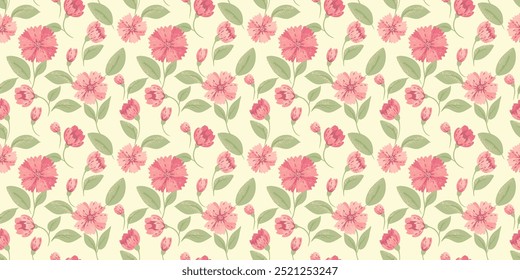 Abstrakte kreative Blumen und Blätter nahtlose Muster. Blumendruck im Sommer auf hellem Hintergrund. Vektorhandgezeichnet. Ornament für Designs, Kindertextilien, Notebookabdeckung
