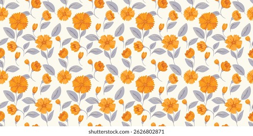 Abstract creative  flowers and leaves seamless pattern. Vector hand drawn. Yellow cute floral print. Ornament for designs, children textiles, notebook cover