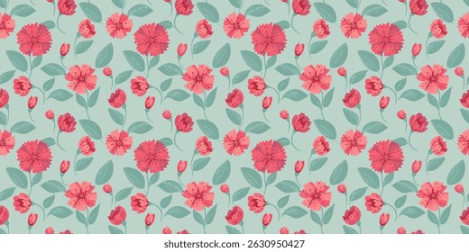 Abstract creative flowers and leaves seamless pattern. Cute blooming meadow on a mint green background. Vector hand drawn floral print. Ornament for designs, children textiles, notebook cover