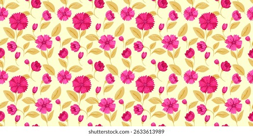 Abstract creative flowers and leaves seamless pattern. Summer cute floral print. Vector hand drawn. Ornament for designs, children textiles, notebook cover
