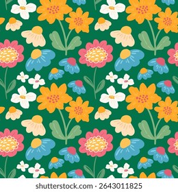 Abstrato padrão sem emenda do vetor de flores criativas. Flores silvestres coloridas e folhagem mão desenhado padrão de verão. Padrão floral de primavera para têxteis, crianças, tecidos, decoração, design de impressão, cartões, embalagem