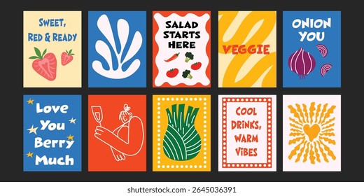 Abstract Creative and fun set of banners with short summer phrases about flowers, cakes, desserts, and sunshine – perfect for bakery ads or sweet shop branding.

