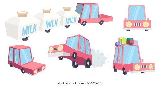 Abstract creative funny cartoon car set isolated on transparent background. For web and mobile app, clipart art. Concept idea design element. Vector illustration theme.
