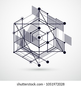 Abstract creative geometric art with a variety of geometric elements blue background, vector illustration. Perspective blueprint of mechanism, scheme. Perfect background for your designs