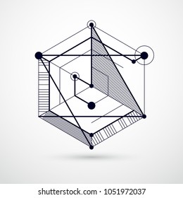Abstract creative geometric art with a variety of geometric elements blue background, vector illustration. Perspective blueprint of mechanism, scheme. Perfect background for your designs