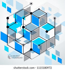 Abstract creative geometric art with a variety of geometric elements blue background, vector illustration. Perspective blueprint of mechanism, scheme. Perfect background for your design projects