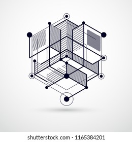 Abstract creative geometric art with a variety of geometric elements blue background, vector illustration. Perspective blueprint of mechanism, scheme. Perfect background for your designs