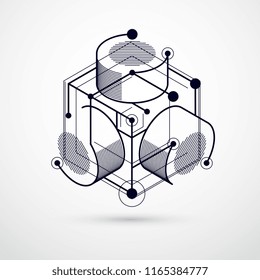 Abstract creative geometric art with a variety of geometric elements blue background, vector illustration. Perspective blueprint of mechanism, scheme. Perfect background for your designs