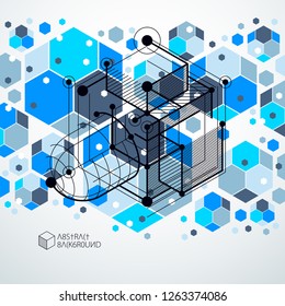 Abstract creative geometric art with a variety of geometric elements blue background, vector illustration. Perspective blueprint of mechanism, scheme. Perfect background for your design projects