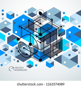 Abstract creative geometric art with a variety of geometric elements blue background, vector illustration. Perspective blueprint of mechanism, scheme. Perfect background for your design projects