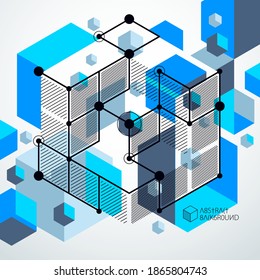 Abstract creative geometric art with a variety of geometric elements blue background, vector illustration. Perspective blueprint of mechanism, scheme. Perfect background for your design projects