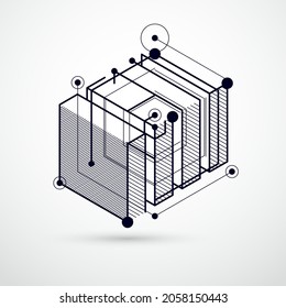 Abstract creative geometric art with a variety of geometric elements blue background, vector illustration. Perspective blueprint of mechanism, scheme. Perfect background for your designs