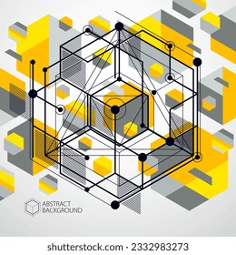 Abstract creative geometric art with a variety of geometric elements yellow background, vector illustration. Perspective blueprint of mechanism, scheme. Perfect background for your design projects