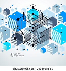 Abstract creative geometric art with a variety of geometric elements blue background, vector illustration. Perspective blueprint of mechanism, scheme. Perfect background for your design projects