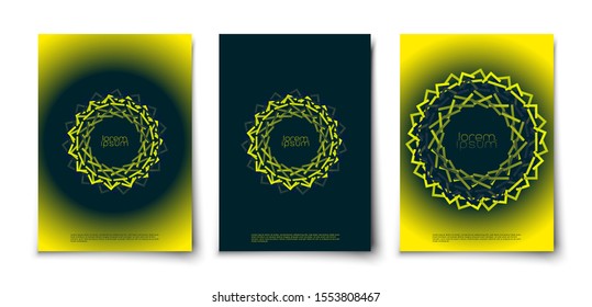 Abstract creative glowing geometric shape ornamental circle covers mockup. Minimalist lines texture leaflet template