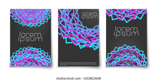 Abstract creative glowing geometric shape ornamental circle covers mockup. Minimalist lines texture leaflet template