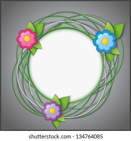 Abstract creative gray background with flowers, fresh green leaves and circle. Vector illustration