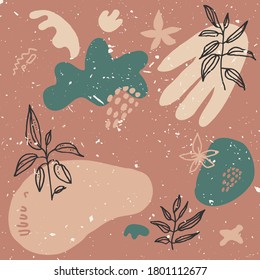 Abstract creative hand drawn composition in Memphis vintage style. Fluid organic liquid shapes in muted earthy matte colors for e-commerce, social media marketing. Trendy creative vector illustration