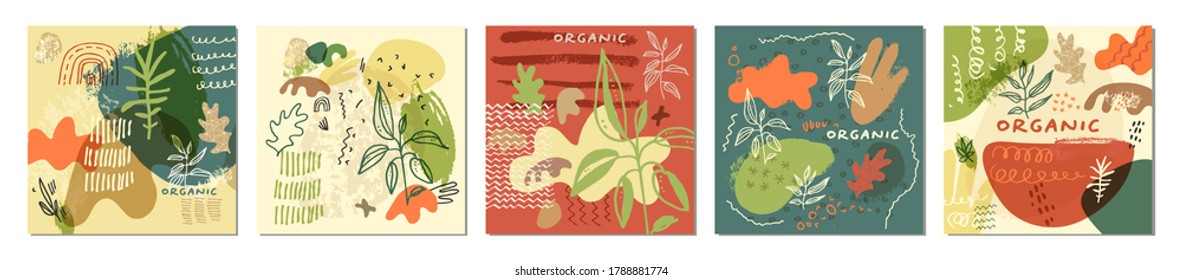 Abstract creative hand drawn compositions set in Memphis vintage style. Fluid organic shapes in muted earthy matte colors for e-commerce and social media marketing. Vector EPS10 artistic illustration