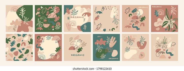 Abstract creative hand drawn compositions set in Memphis vintage style. Fluid organic shapes in muted earthy matte colors for e-commerce and social media marketing. Vector EPS10 artistic illustration