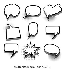 Abstract creative hand drawn vector blank bubble. 9 funny set comic book cartoon text dialog, white empty cloud. Tag banner for sale. Speech balloon on halftone dot background pop art style