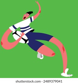 Abstractas ilustración creativa de jugador de fútbol americano con partes del cuerpo largas, en jersey de rayas y pantalones cortos azules, sosteniendo la pelota y corriendo sobre fondo verde. Concepto de deporte, surrealismo, juego.