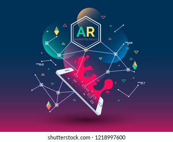 abstract creative illustration with augmented reality phone, vector illustration for landing page. AR concept for web and app.