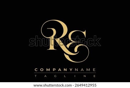 RE Abstract Creative Jewelry Logo. A stylish logo featuring golden monogram initials in an elegant and modern typography, perfect for branding