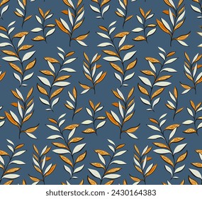Abstract creative leaves branches seamless pattern on a true blue background. Vector hand drawn sketch. Modern leaf botanical patterned. Collage template for printing, textile, fabric, fashion
