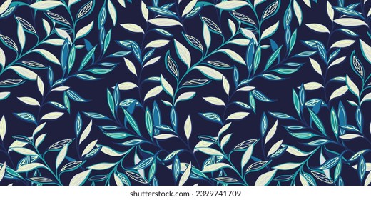  Abstract creative leaves stem intertwined in a seamless pattern. Modern stylized tropical botanical print. Dark blue leaf branches on a black background. Vector hand drawn sketch. Template for fabric