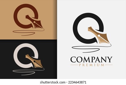 Resumen de diseño de logotipo de letras creativas Q con moderno concepto de combinación de nib dorado.