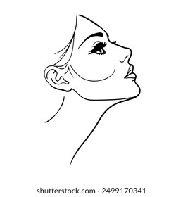 Abstract Creative Line Art Drawing of Elegant Female Profile. Linear Minimalistic Artistic Template of Woman Face. Vector Illustration for Wall Art, Poster, Card, Flyer, Banner, Fashion Brochure, Post