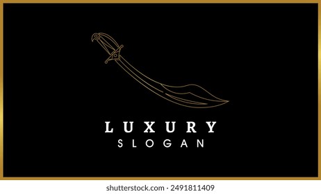 Abstractas y creativa línea arte espada arma monograma logo, elegante oro color contorno espada monograma logo diseño.
