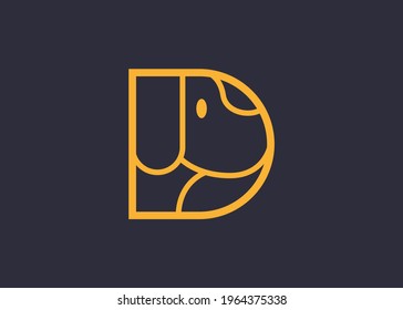 Abstract, Creative and minimal alphabet letter D with a dog Head in side it Line Logo Design. Illustration of Character Head Dog Pet Animal With Orange Color Line Icon Design. Vector Design.