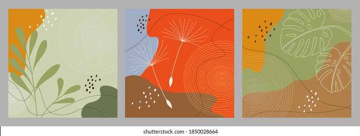 Abstract creative minimalist illustrations with natural plant elements. For postcard, poster, social media story design.