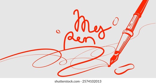 Abstract creative minimalist style art background with red pen, lines and words my pen. Art tool. Hand drawn vector illustration. Poster, banner, wallpaper, design elements Cartoon modern style EPS 10