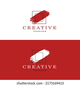 Abstract creative modern graphic logo design vector symbol template. Red and white brush stroke in a square for creative studios and companies