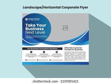 Abstract, Creative, Modern, Professional and Eye Catching, Horizontal or Landscape Corporate or Business Flyer Template Design Vector, Magazine, Poster, Presentation, Brochure, Cover Blue A4 Layout