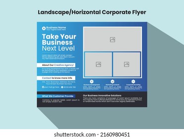 Abstract, Creative, Modern, Professional and Eye Catching, Horizontal or Landscape Corporate or Business Flyer Template Design Vector, Magazine, Poster, Presentation, Brochure, Cover, Blue A4 Layout