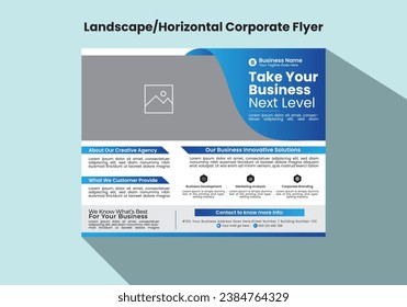 Abstract, Creative, Modern, Professional and Eye Catching, Horizontal or Landscape Corporate or Business Flyer Template Design Vector, Magazine, Poster, Presentation, Brochure, Cover Blue A4 Layout