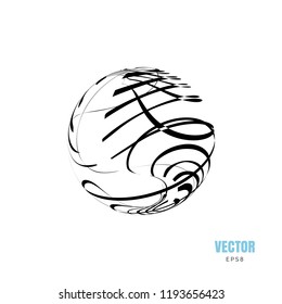 Abstract creative monochrome vector orb logo or sphere shape illustration with strips. Dynamic futuristic 3d logotype with thin line streaks for business design isolated